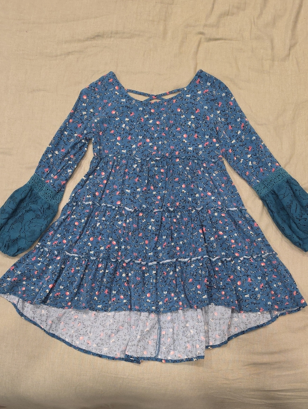 Girl's Floral Mini Dress in Blue/Green & Pink White Flowers